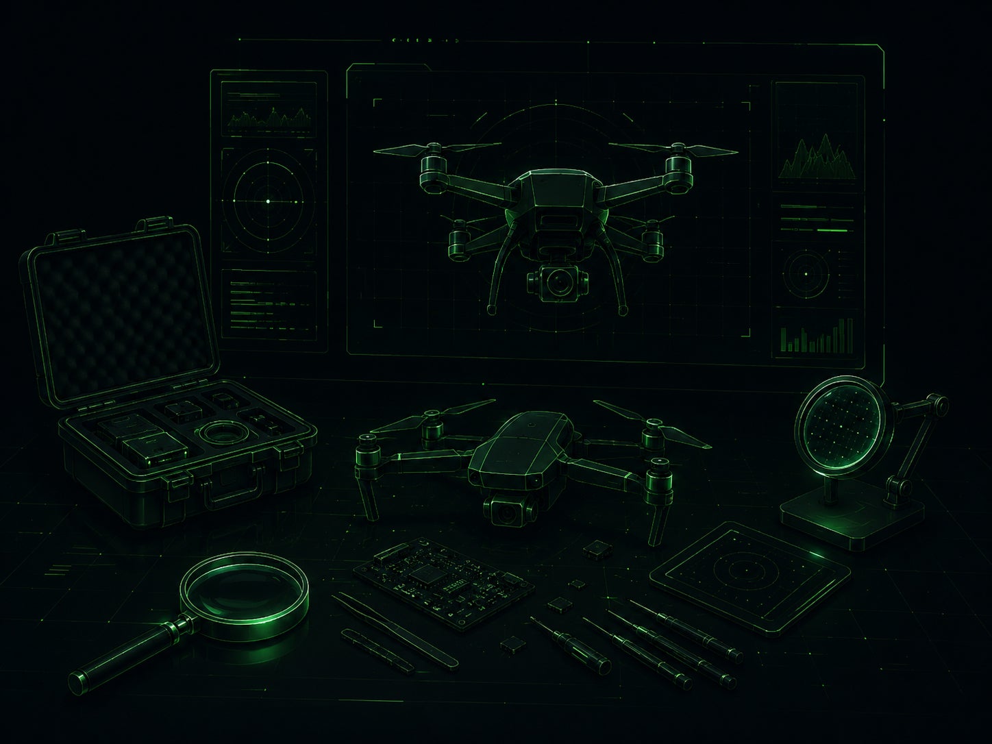 A drone digital sketch of a drone, screen, pens, tools and a magnifying glass lit in green on a black background