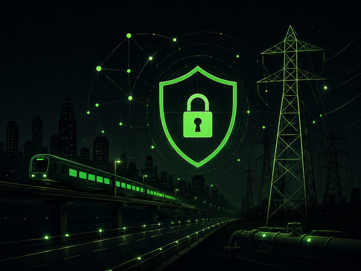 A skyline, train and electrical tower lit in green against a dark background