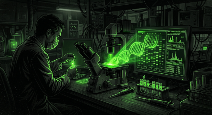Illustration of a forensic scientist analyzing evidence at a laboratory workstation with a microscope, DNA visualization, digital data displays and sample vials representing forensic DNA testing and analysis.