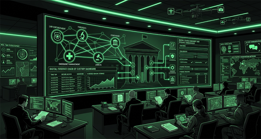 Illustration of a digital case file connected to multiple types of forensic evidence, including fingerprints, DNA profiles, photographs, maps, digital devices, shoe impressions and trace evidence