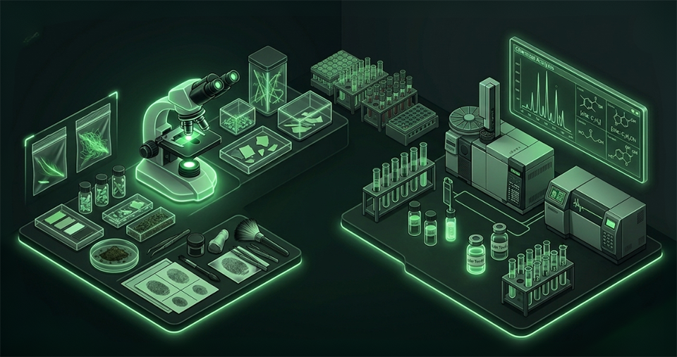 Illustration of a forensic laboratory featuring a microscope, fingerprint analysis, trace evidence, biological samples, test tubes and analytical instruments used to examine and identify physical evidence.
