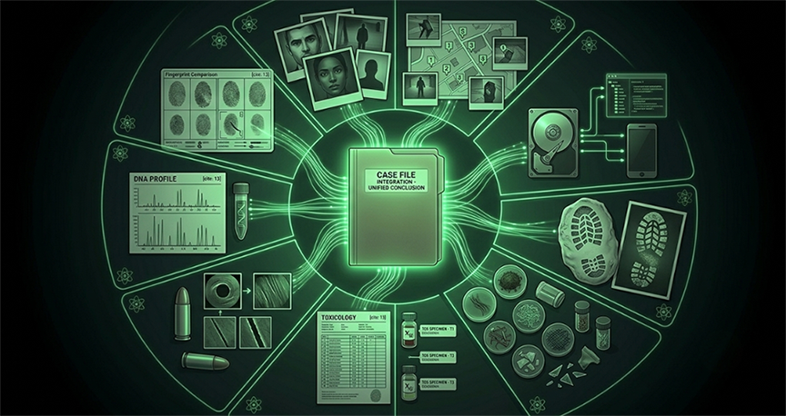 Illustration of a digital case file connected to multiple types of forensic evidence, including fingerprints, DNA profiles, photographs, maps, digital devices, shoe impressions and trace evidence