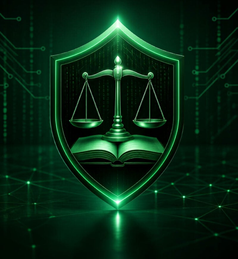 Glowing green shield featuring balanced scales above an open book, set against a dark digital background.