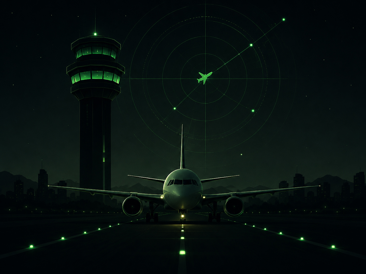 An airplane and flight tower lit in green against a back background