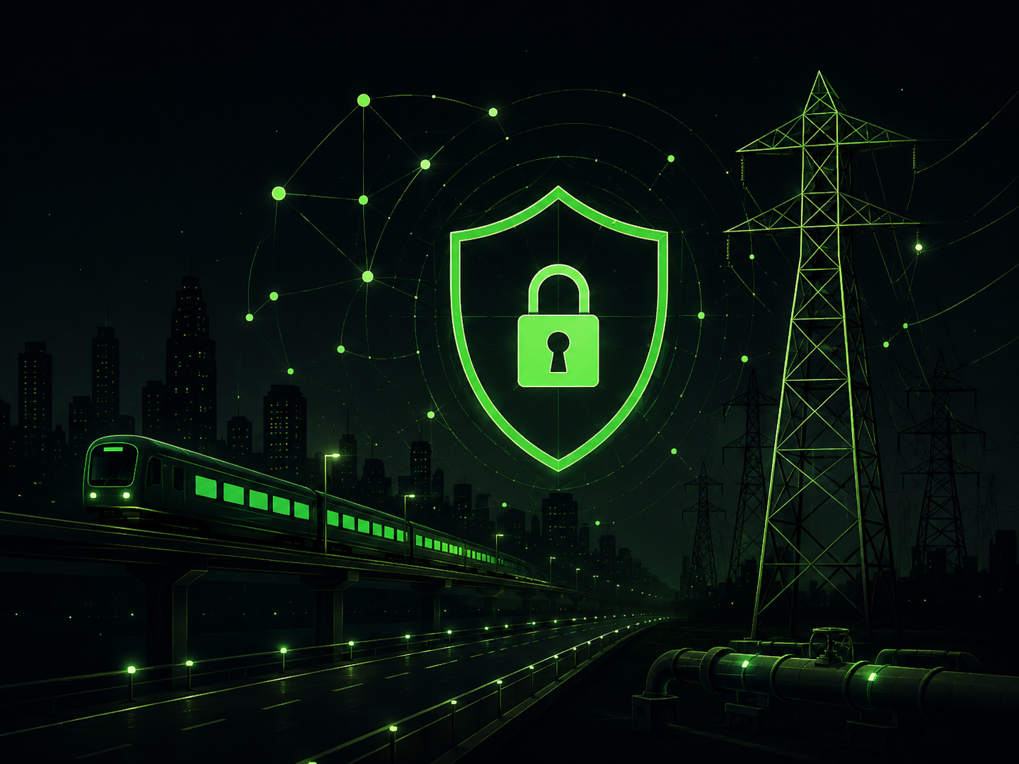 A skyline, train and electrical tower lit in green against a dark background
