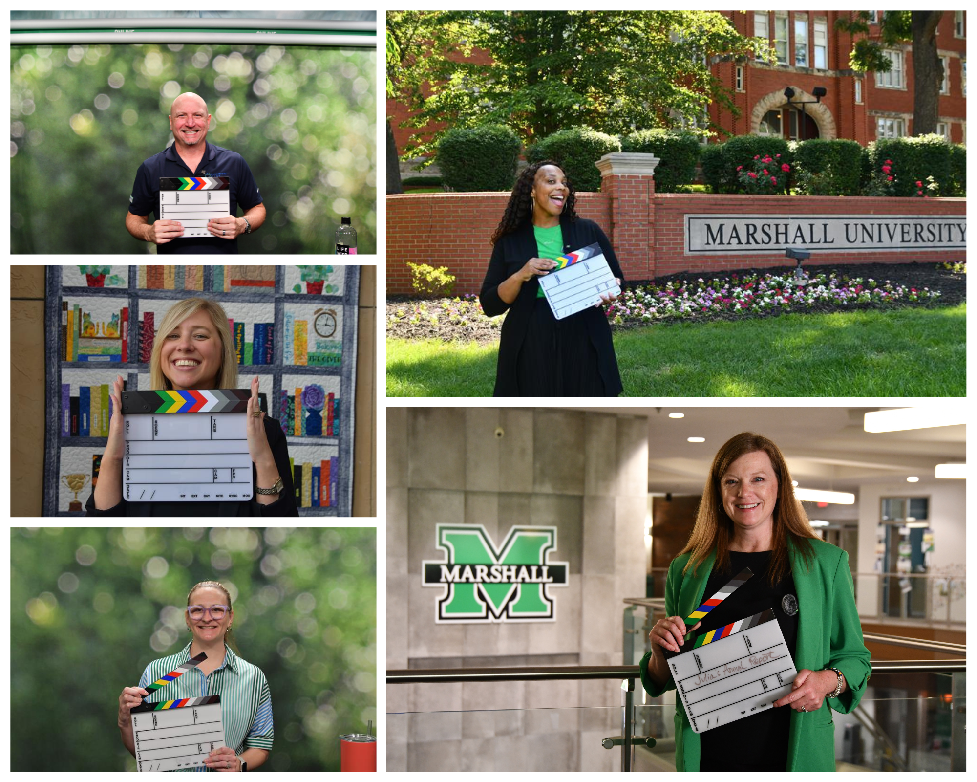 various pictures of people holding a clapboard and smiling