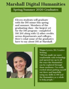 newsletter, student image, green background, intro to dh graduates