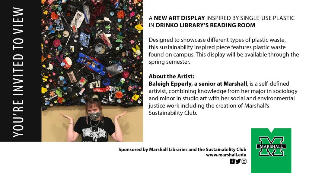 Sociology major, Baleigh Epperly, with her art installation at the Drinko Library on the Marshall campus