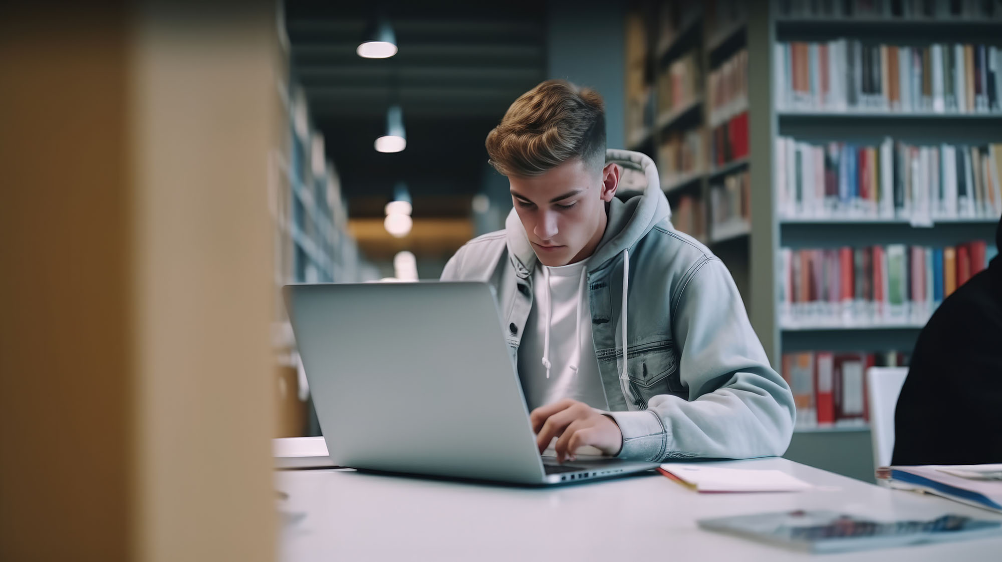 Image of young man student studying in the school library.