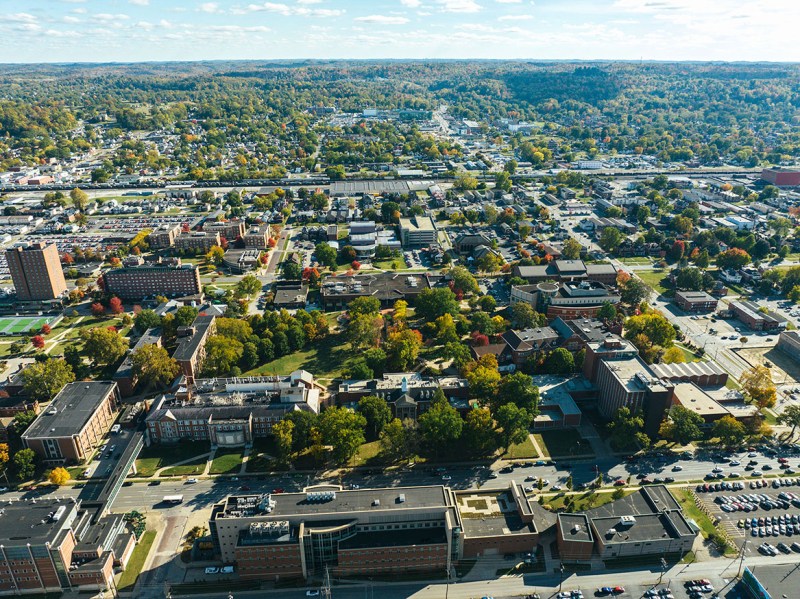 drone shot of campus from 3rd ave side
