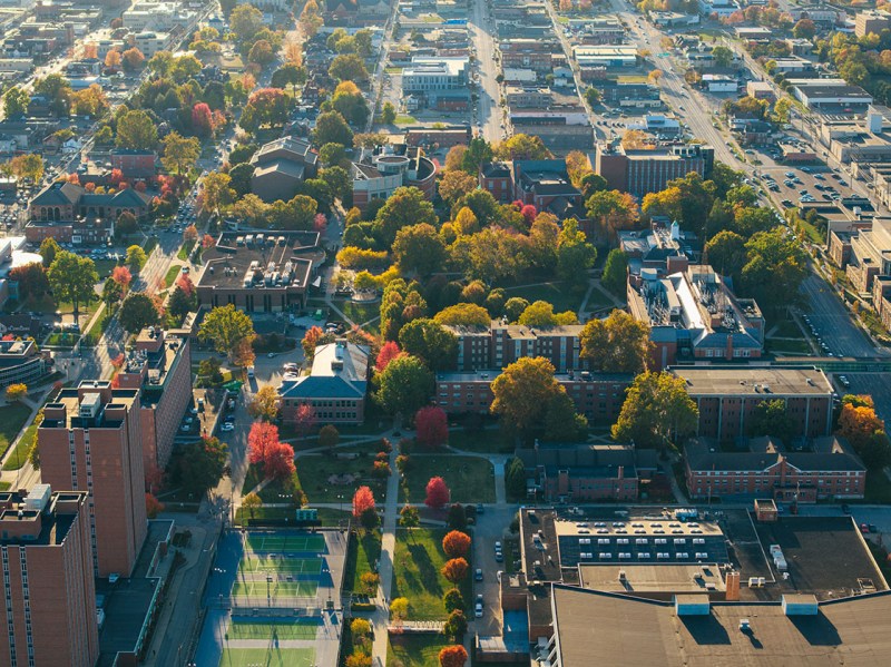 Drone shot of campus from 20th st end