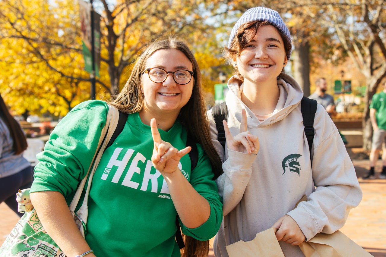 Students on Marshall University's Memorial Student Center Plaza