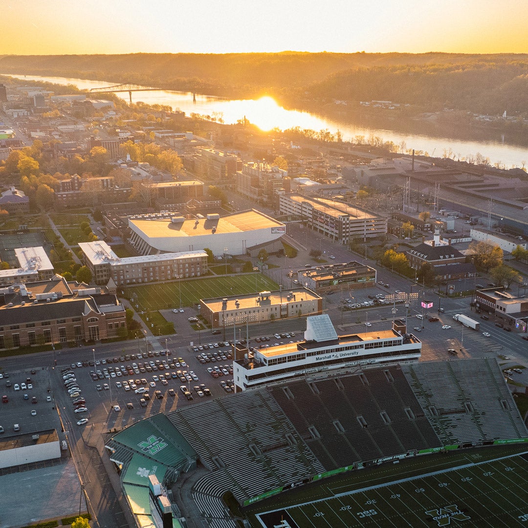 Drone photograph of Marshall University's Huntington campus