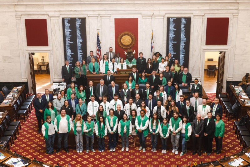 Marshall faculty, staff and students along with Marco at the WV State Capitol for Marshall Day 2025