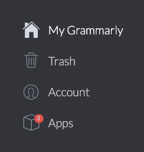 Screenshot of the interface of the Grammarly web editor showing 'My Grammarly', 'Trash', 'Account', and 'Apps'.