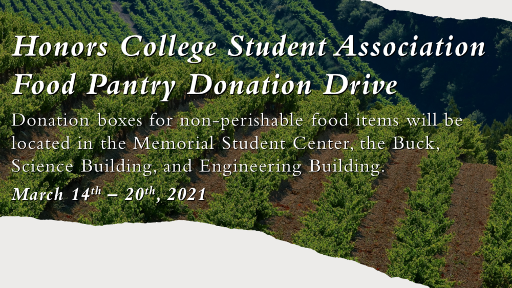 Flyer for the Honors College Student Association Spring 2021 food pantry donation drive event.