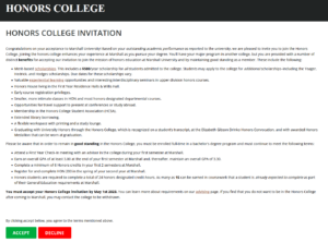 Honors College Invite or "Waiver" Acceptance or Rejection Screen