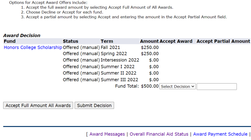 MU Student Financial Assistance - Accept or Decline Dialog