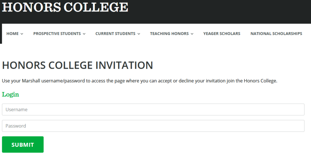 Honors College Invite or "Waiver" Site Login Screen