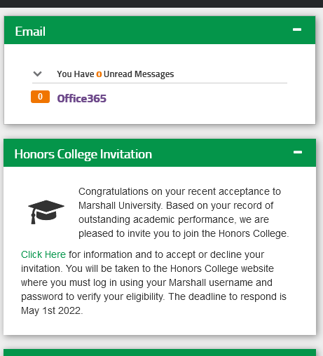 Honors College Invite or "Waiver" Screen as seen on MyMU