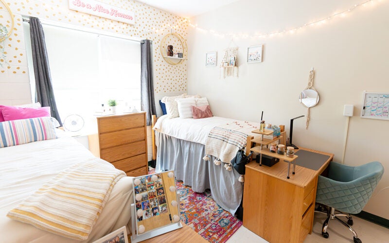 A residence hall room in Marshall Commons