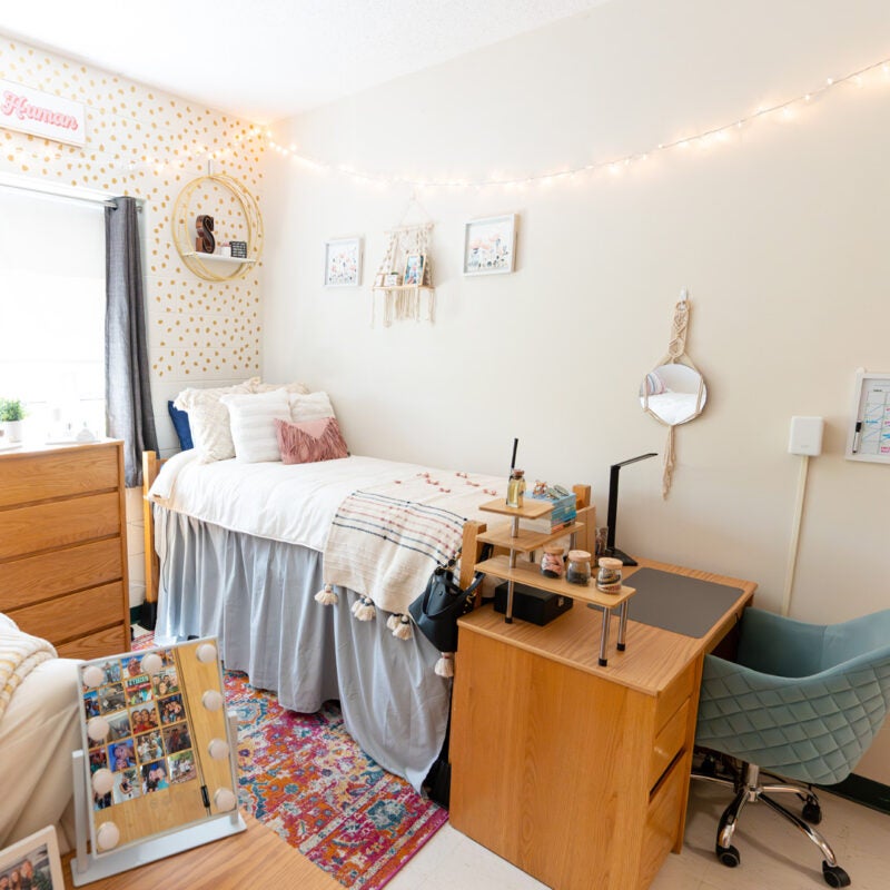 A residence hall room in Marshall Commons