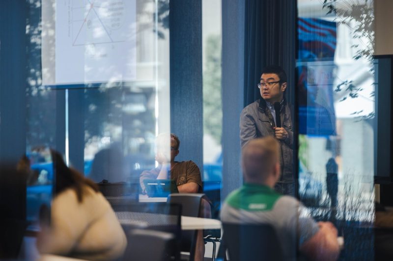 professor teaching a class in the business school