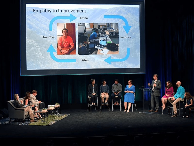 student presenting a project at a theater