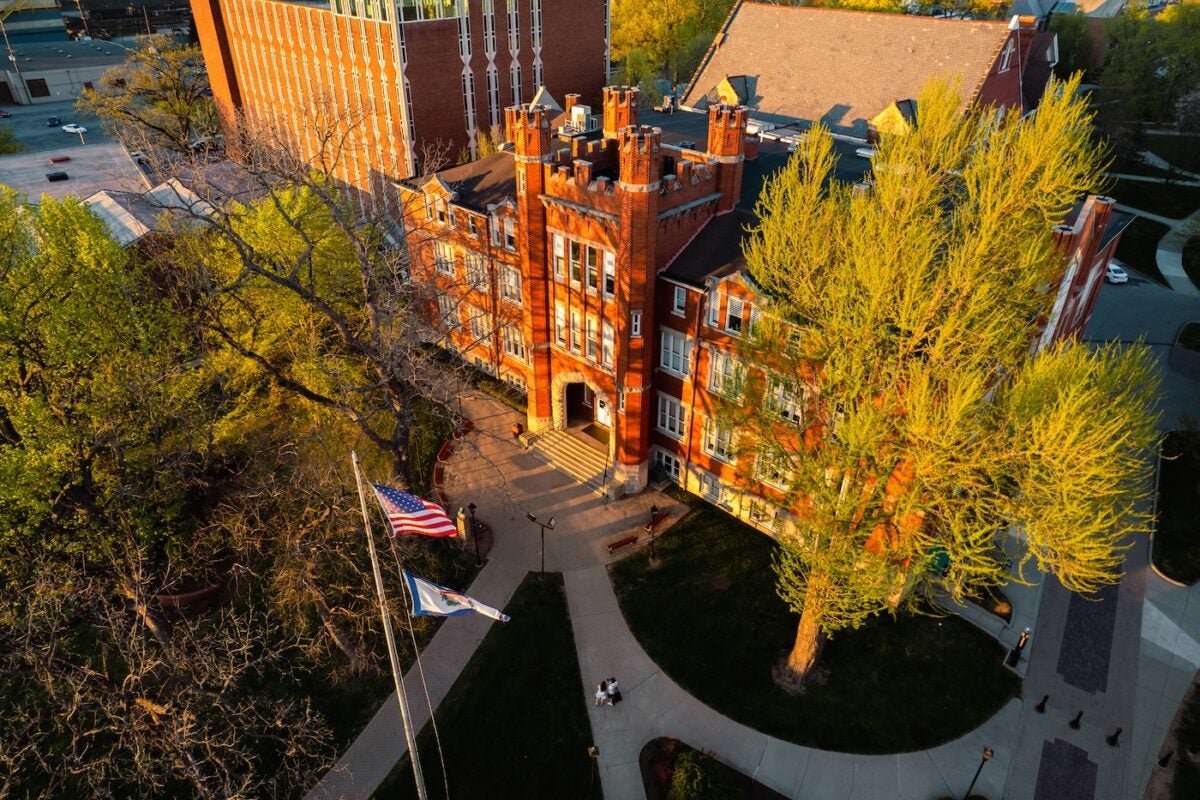 drone shot of Old Main