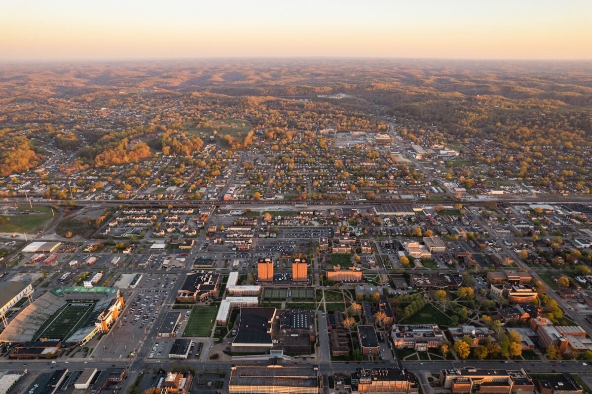 drone shot of Huntington and Marshall's campus at sunset