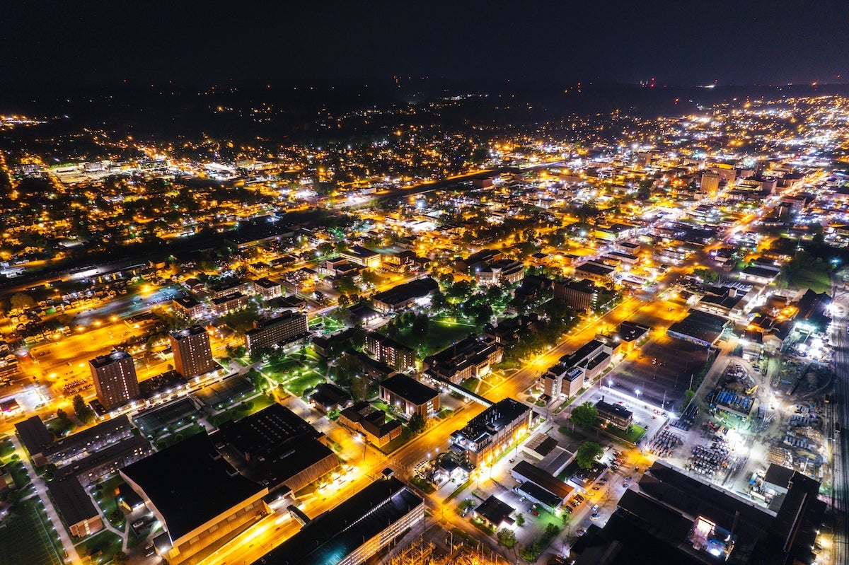 drone shot of Huntington at night