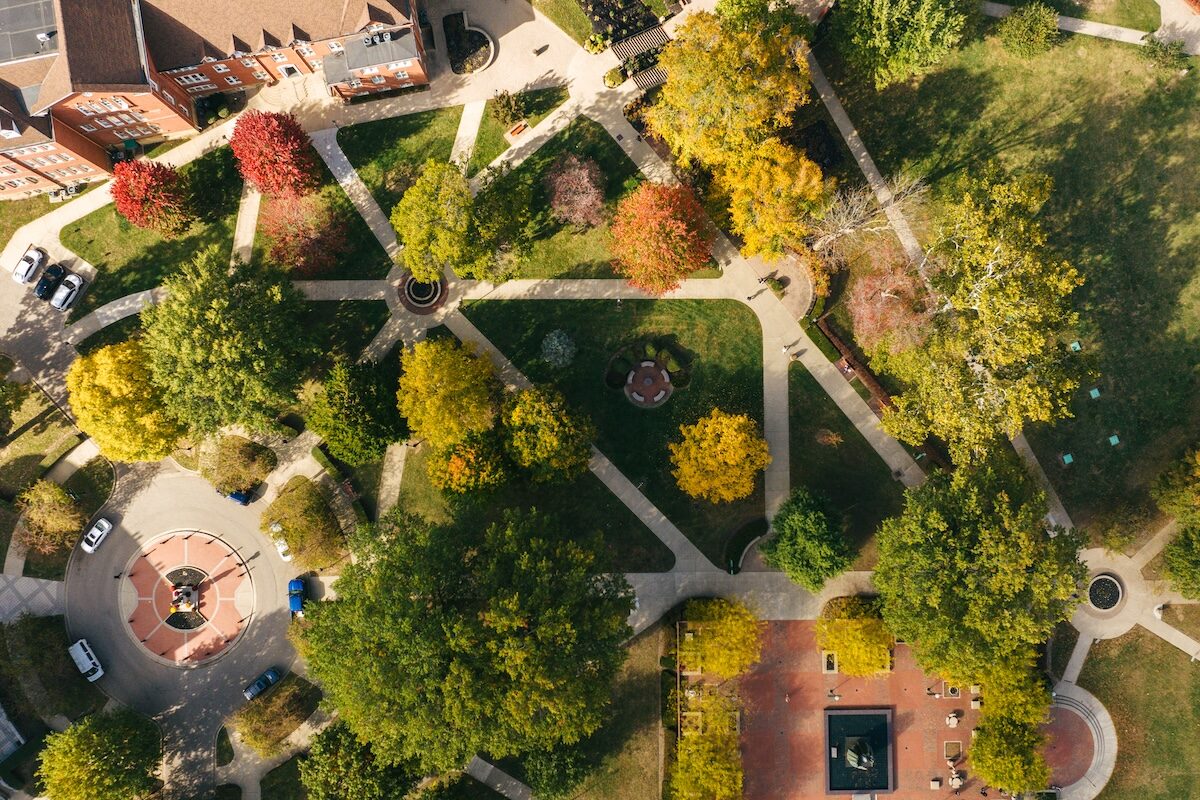 overhead drone shot of campus in the fall
