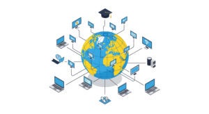 pc. laptops, and phones connected to a globe representing networking and communication