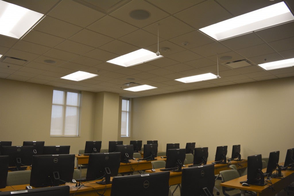 Classrooms in the Arthur Weisberg Family Applied Engineering Complex have light sensors that turn off or on when there is movement in the room, and dim or brighten based on the amount of light coming in through the windows. Desks, chairs and other furnishing in the complex are made from regional materials.