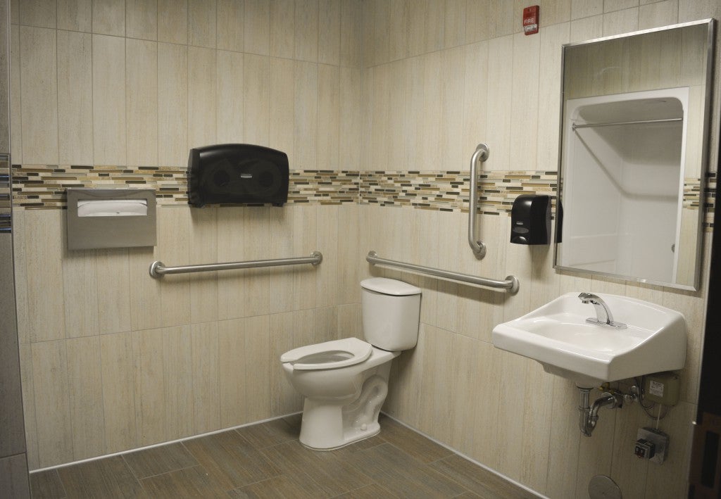 The storm water restroom in the complex uses rainwater in the toilet to conserve water and take relief off of the city’s storm drain system.