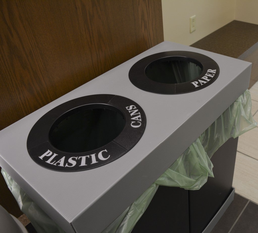 Recycling bins placed in convenient locations on each floor make recycling easy for students, faculty and staff.