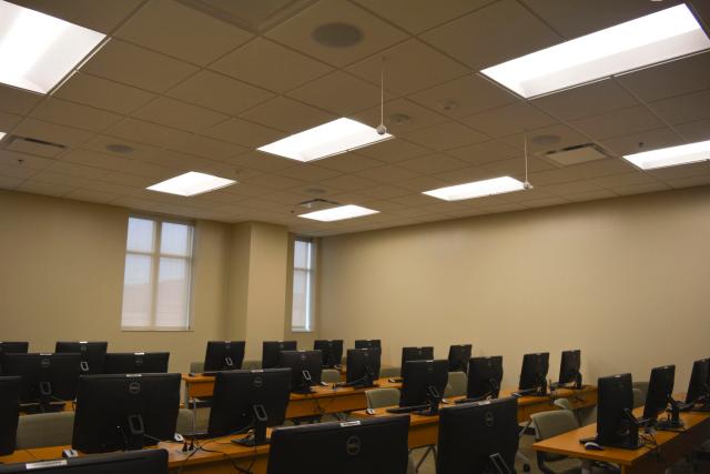 Classrooms in the Arthur Weisberg Family Applied Engineering Complex have light sensors that turn off or on when there is movement in the room, and dim or brighten based on the amount of light coming in through the windows. Desks, chairs and other furnishing in the complex are made from regional materials.