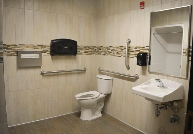 The storm water restroom in the complex uses rainwater in the toilet to conserve water and take relief off of the city’s storm drain system.