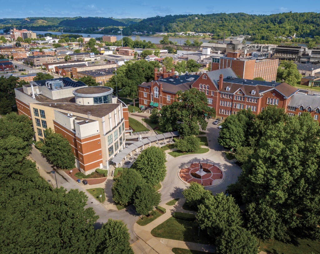 Marshall University Huntington campus, aerial overlooking Old Main, Drinko Library, Ohio River