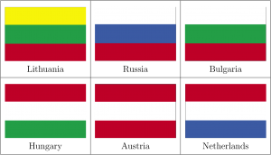 Flags from six countries, each flag has three horizontal stripes of different colors.