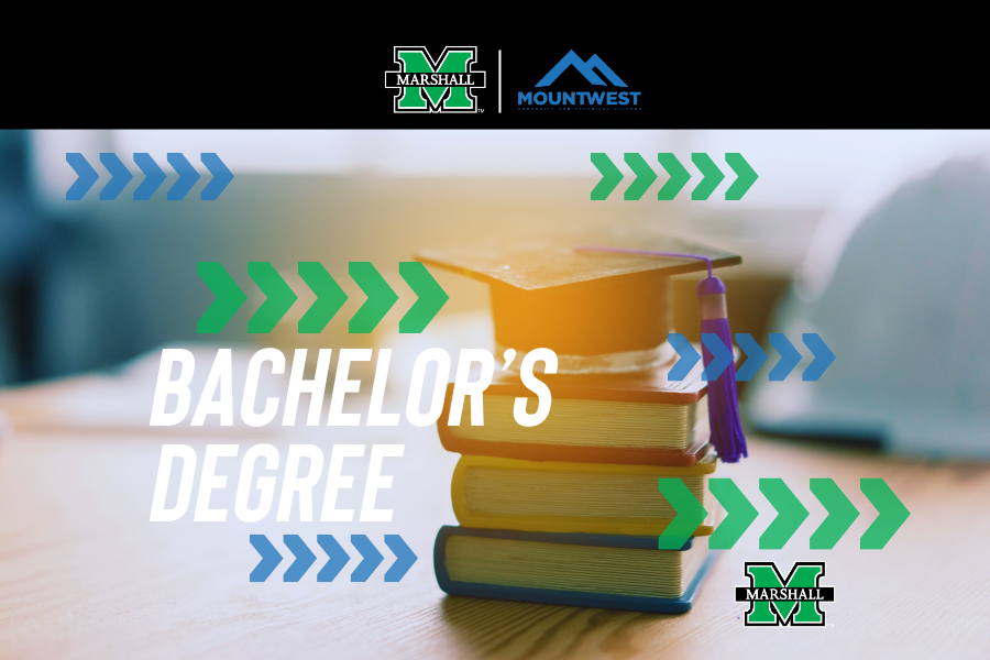 Bachelor's degree graphic with Marshall and Mountwest logos over a stack of books with a graduation cap on top.
