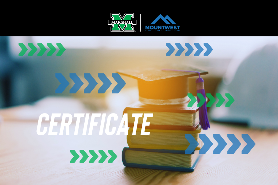 Certificate graphic with Marshall and Mountwest logos over a stack of books with a graduation cap on top.