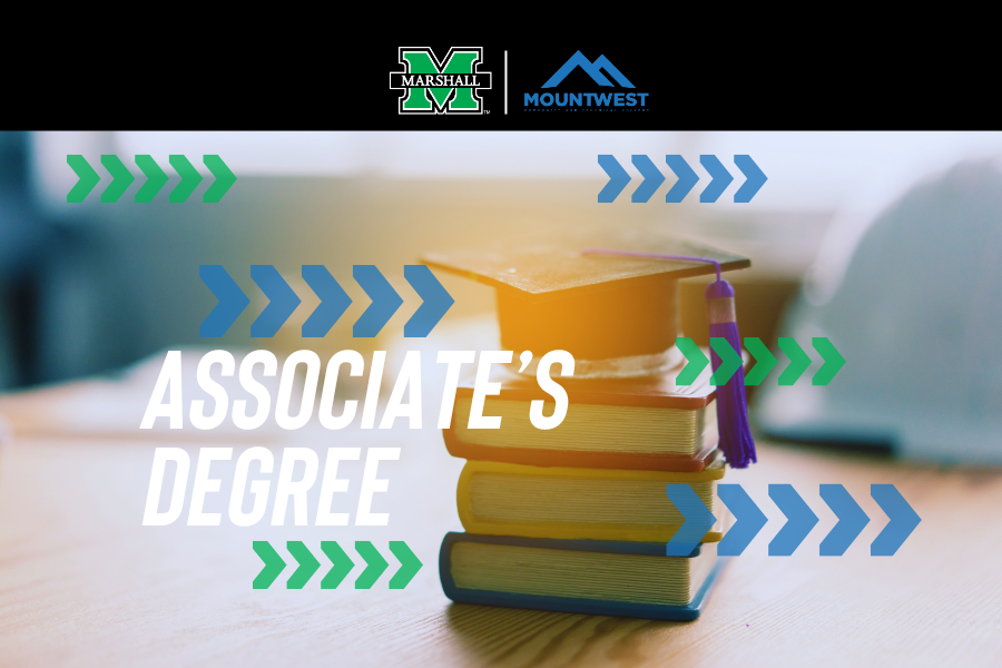 Associate's degree graphic with Marshall and Mountwest logos over a stack of books with a graduation cap on top.