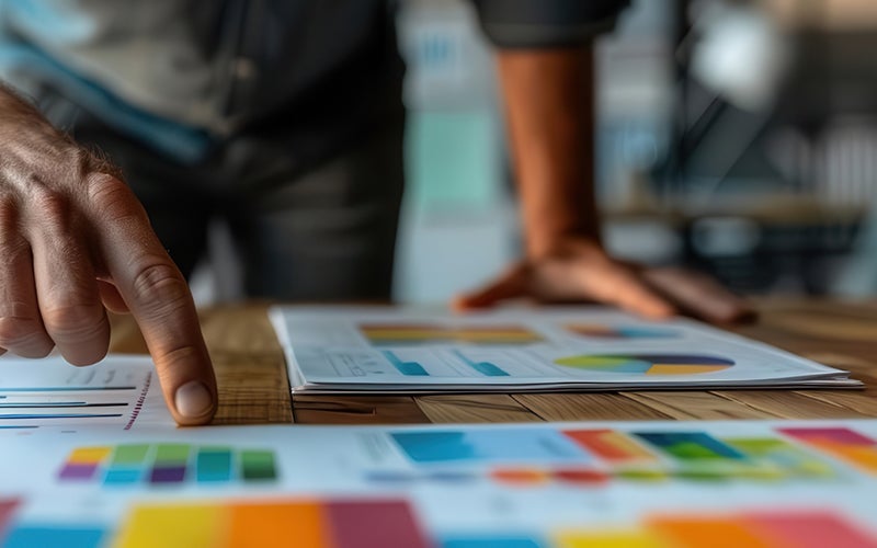 A person reviewing and pointing to color swatches