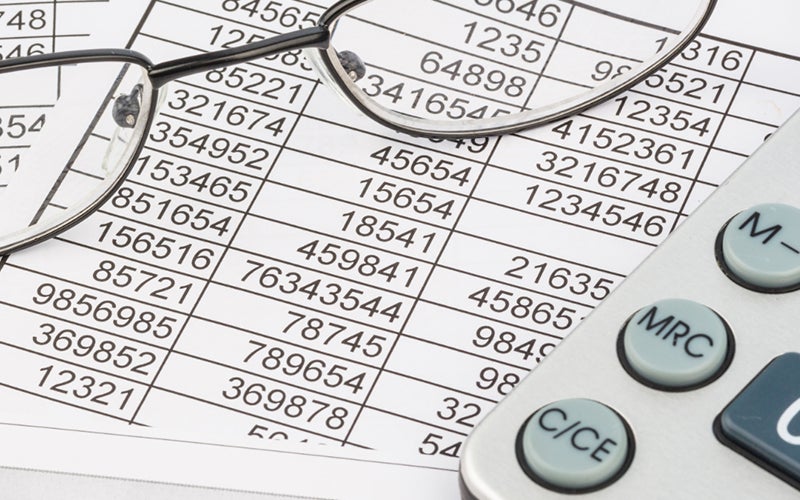 A paper spreadsheet with reading glasses and a calculator on top