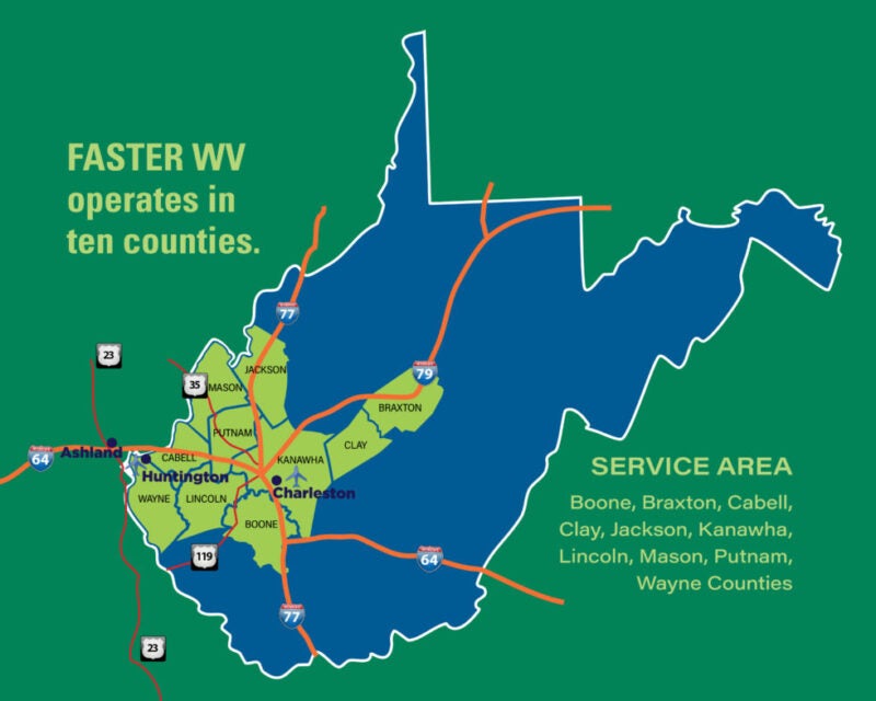 Graphic of the state of West Virginia with FASTERWV service counties highlighted.