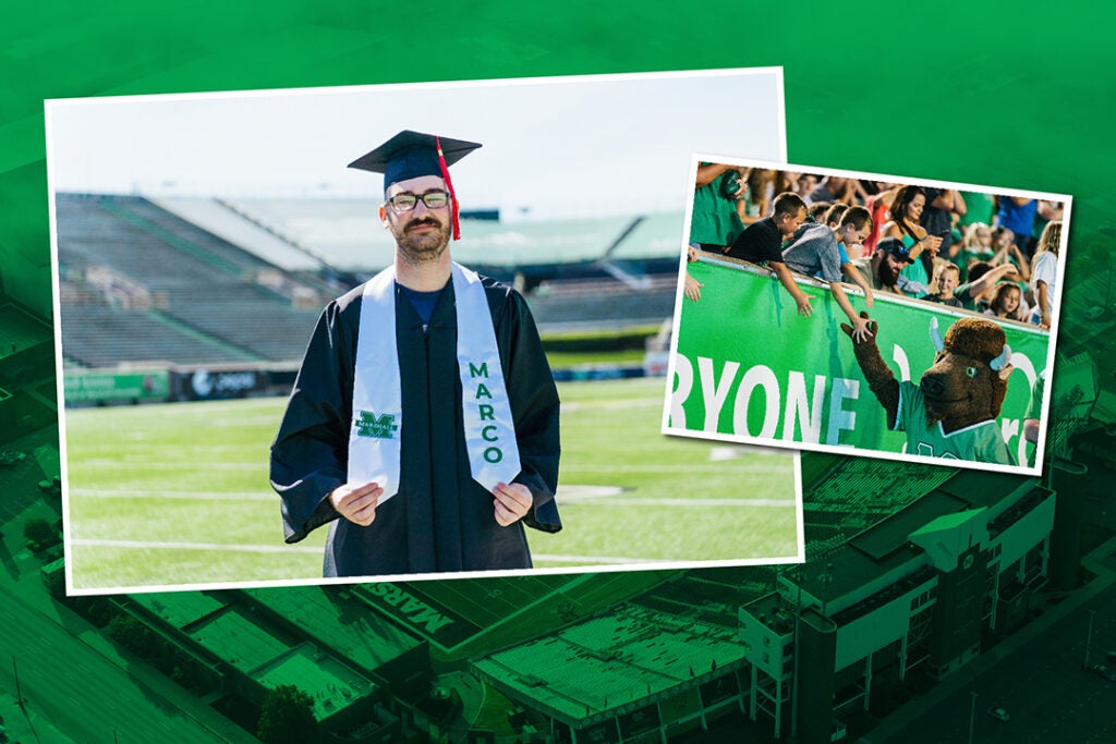 A graphic with an image of Aaron Paschke in his cap and gown with an image of Marco shaking hands with fans at a football game.