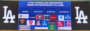 A video board shows the logos of the schools represented by the LA Dodger's 2025 Internship Class