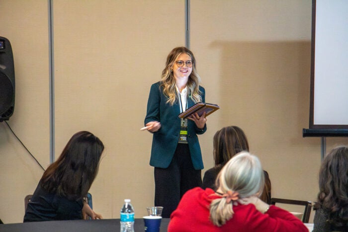 Lakan Sheets speaks to a group of attendees at the 2026 Women and Tech Conference
