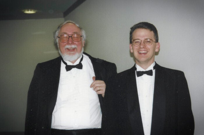Dr. David Wiley is pictured with dean of the former College of Fine Arts, Paul Balshaw on the night of his senior recital for his bachelor's degree in Music.